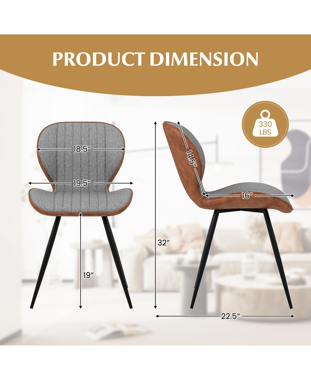 Gymax 2 Set Armless Dining Chair w/ Curved Backrest U-shaped Seat & Non-slip Foot Pad - Grey+brown+black