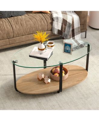 Glass-Top Coffee Table 2-Tier Modern Oval Side Sofa Table w/ Storage Shelf