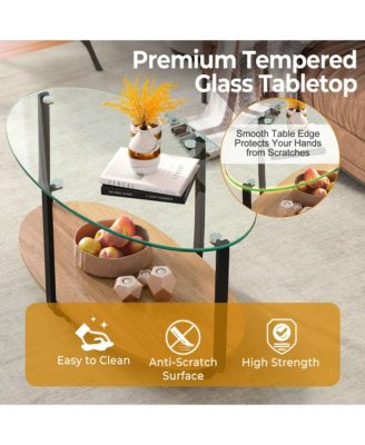 Glass-Top Coffee Table 2-Tier Modern Oval Side Sofa Table w/ Storage Shelf