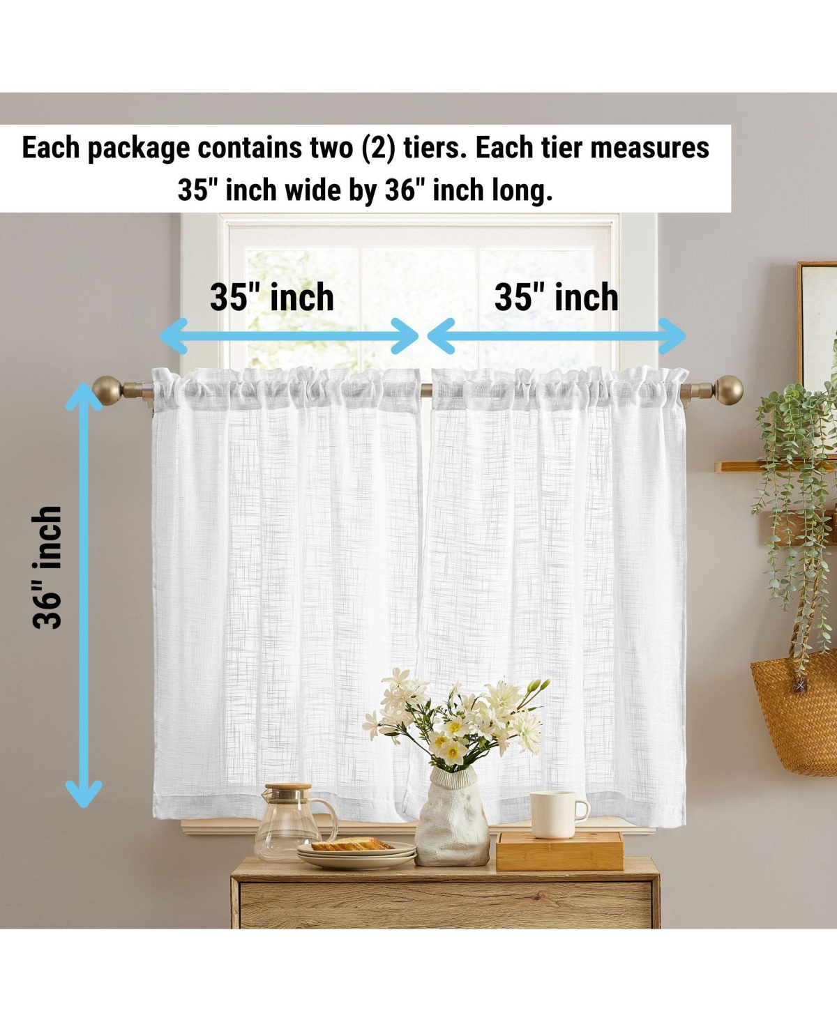 Hlc.me Linda Faux Linen Textured Semi Sheer Privacy Light Filtering Transparent Rod Pocket Short Thick Cafe Curtain Tiers for Small Windows, Kitchen &