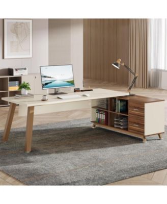 71-Inch Engineered Wood and Metal Large Office Desk with Storage Shelves, Executive L-Shaped Desk