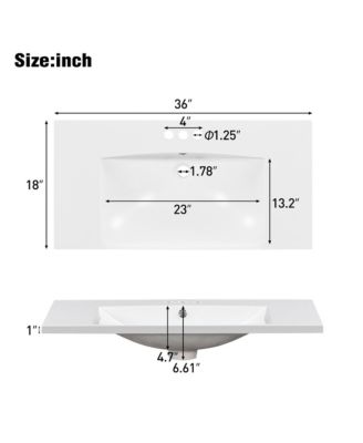 36" Single Bathroom Basin Sink, Vanity Top Only, 3-Faucet Holes, Resin