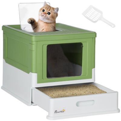 Fully Enclosed Cat Litter Box with Scoop, Hooded Cat Litter House with Drawer Type Tray, Foldable Smell Proof Cat Potty with Front Entry, Top Exit, Large Space, Yellowish Green