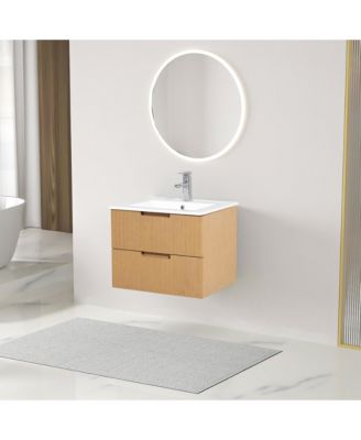 24 Inch Floating Bathroom Vanity with Ceramic Sink, Modern Bath Storage Cabinet Vanity with Drawers Wall Mounted Combo Set for Bathroom, Light Brown
