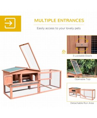 Rabbit Hutch 2-Story Bunny Cage Small Animal House with Slide Out Tray, Detachable Run, for Indoor Outdoor, 61.5" x 23" x 27", Natural