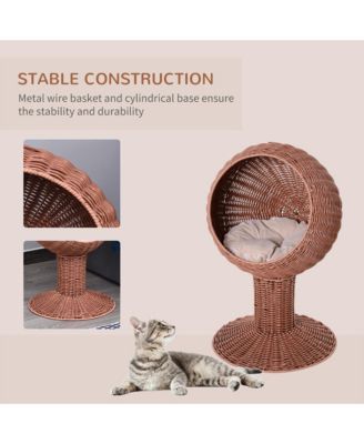 Elevated Cat Bed with Rotatable Egg Chair Pod, Cat Basket Bed with Thick Cushion, Natural Mat Grass Woven Kitty House, Brown