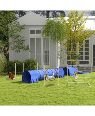 7 Piece Dog Agility Training Equipment, Dog Obstacle Course Starter Kit with Tunnels, Weave Poles, Adjustable Hurdles, Jumping Ring, Pause Box, Whistle, Blue