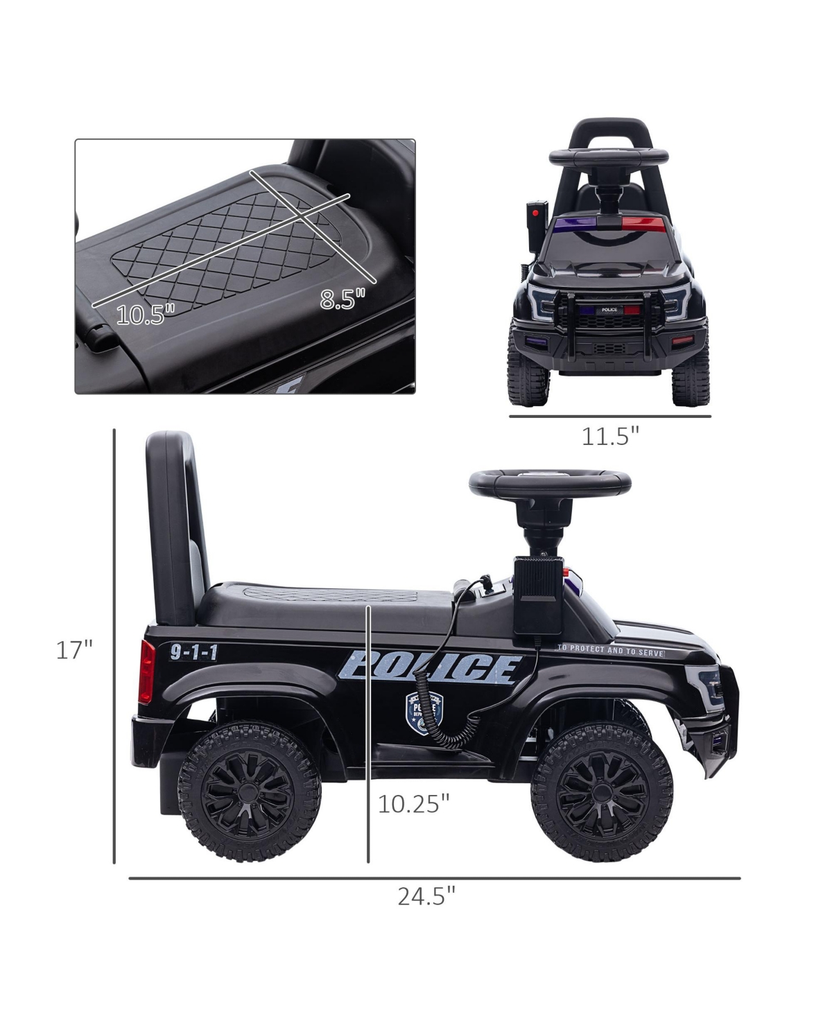 Streamdale Furniture Kids Push Ride On Car with Working Pa System and Horn, Police Truck Style Foot-to-Floor Sliding Car for Boys and Girls with Under