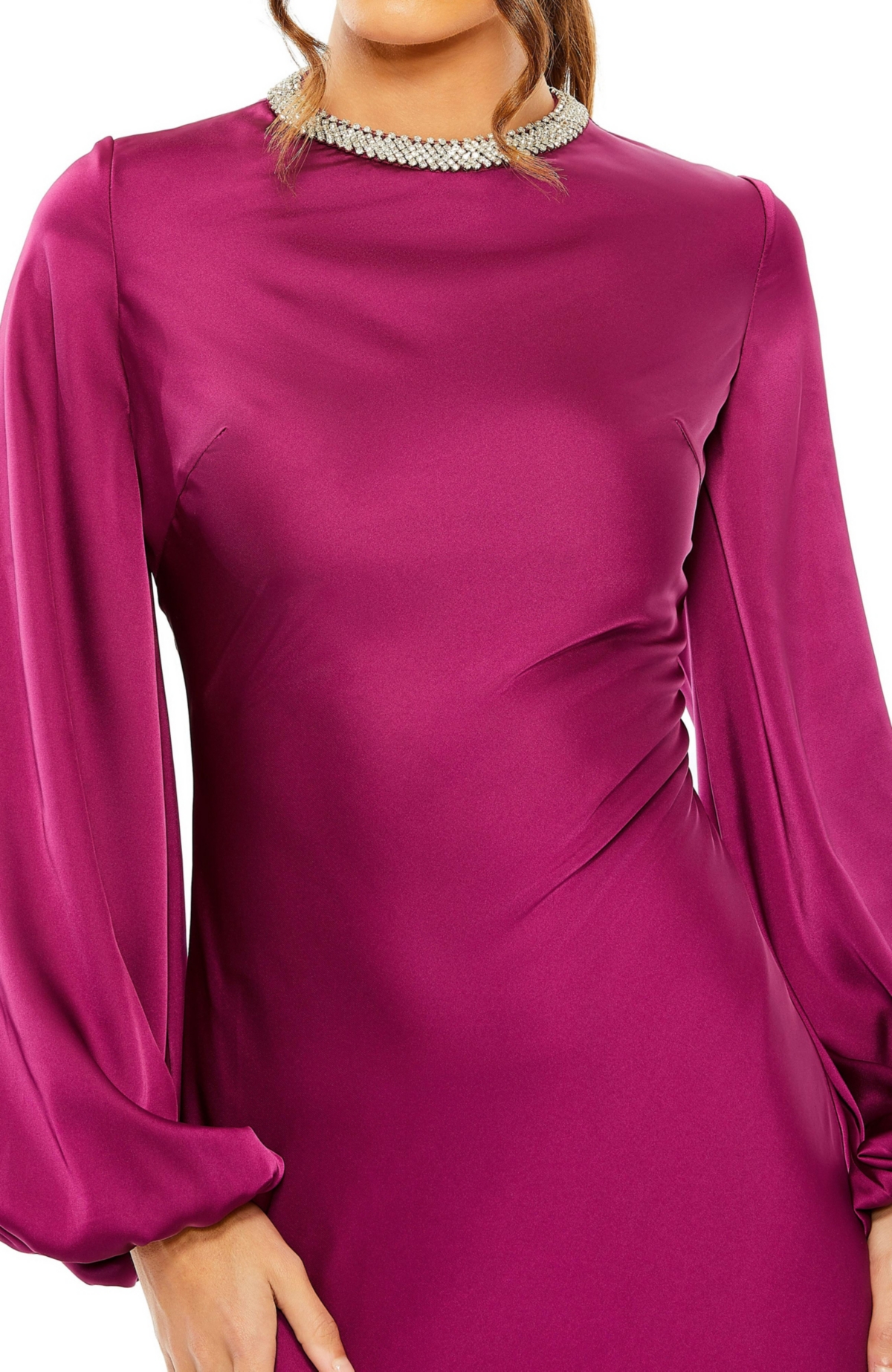 Mac Duggal Women's Ieena Satin Long Blouson Sleeve Evening Gown