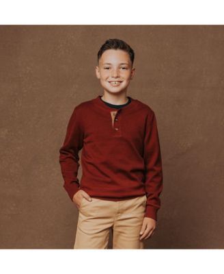 Boys Organic Long Sleeve Henley Pullover Sweater with Elbow Patches