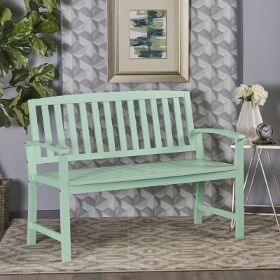 Farmhouse-Style Acacia Wood Bench In Light Mint