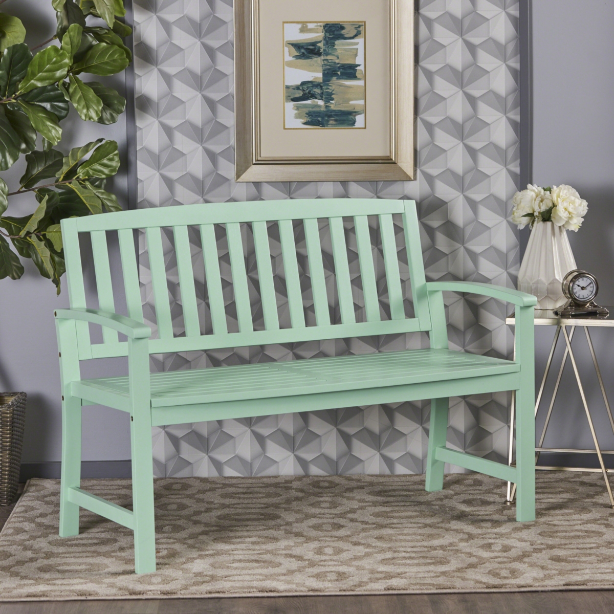 Farmhouse-Style Acacia Wood Bench In Light Mint