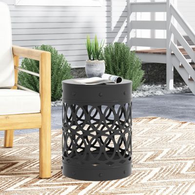 Modern Cylindrical Metal End Table With Iron-Cut Design
