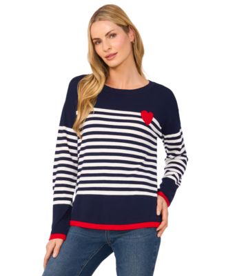 Women's Valentine's Crewneck Sailor Stripe Heart-Trim Long-Sleeve Sweater