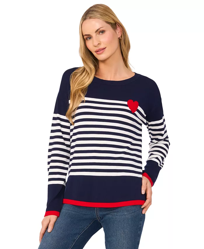 Women's Valentine's Crewneck Sailor Stripe Heart-Trim Long-Sleeve Sweater - thumbnail 2