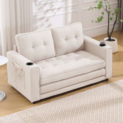 3-in-1 Upholstered Sofa Bed with Mattress, Pull Out Sleeper, Beige