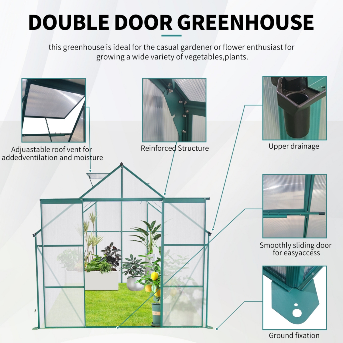8X6FT-Green Double Door Polycarbonate Greenhouse Raised Base and Anchor Aluminum Heavy Duty Walk-in Greenhouses for Outdoor Backyard in All Season