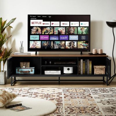 Modern TV Stand with Slatted Doors and Storage
