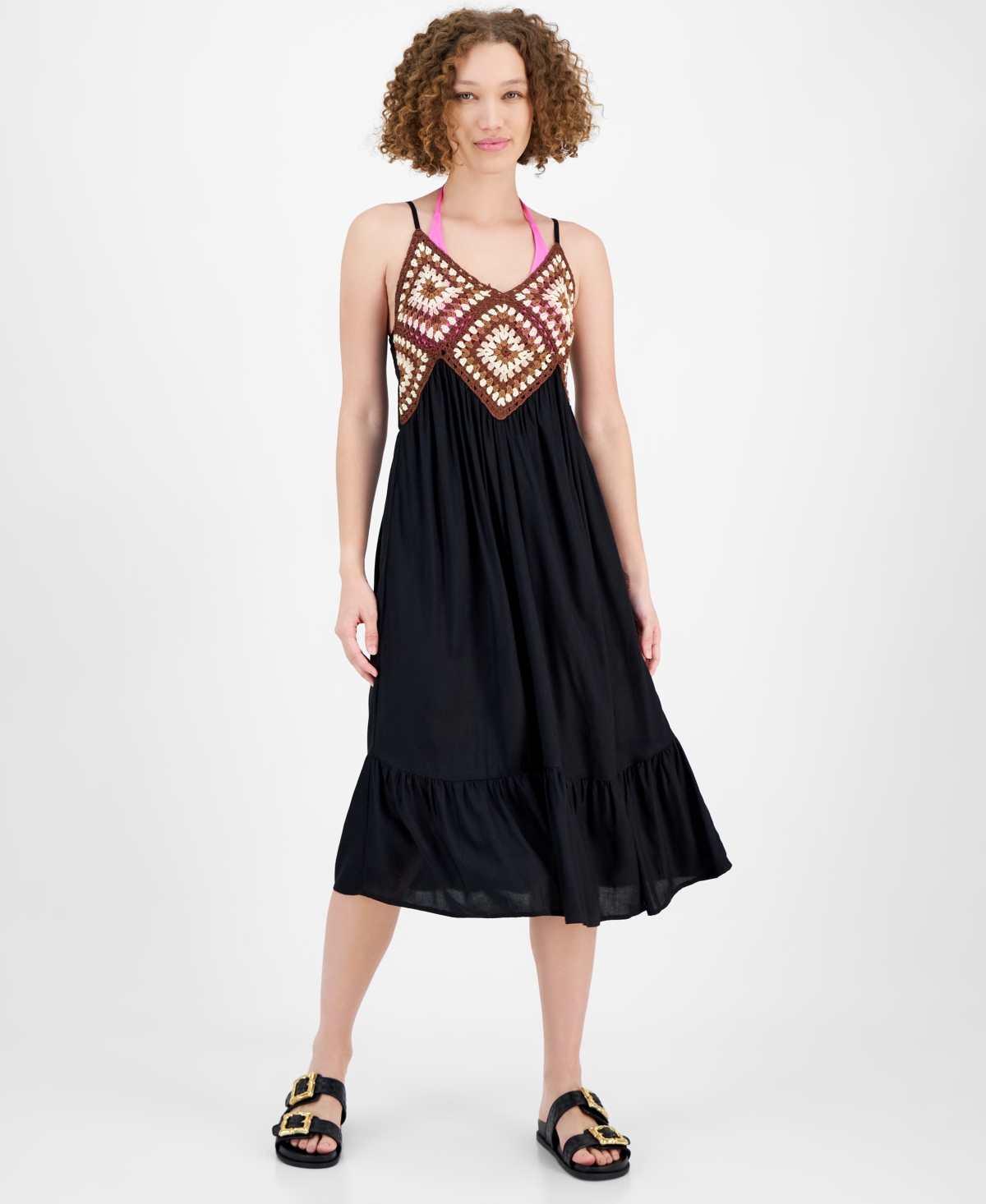 Raviya Women's Crochet-bodice Midi Dress Cover-up In Black,brown
