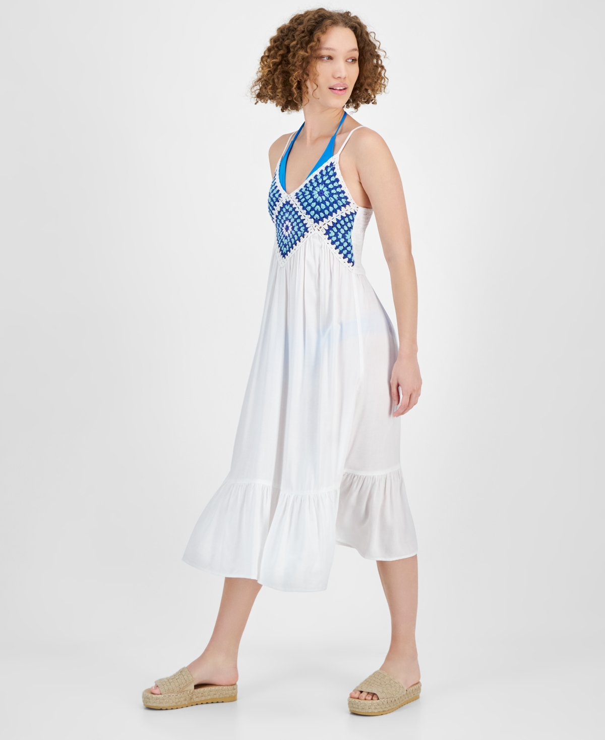 Raviya Women's Crochet-bodice Midi Dress Cover-up In White,blue