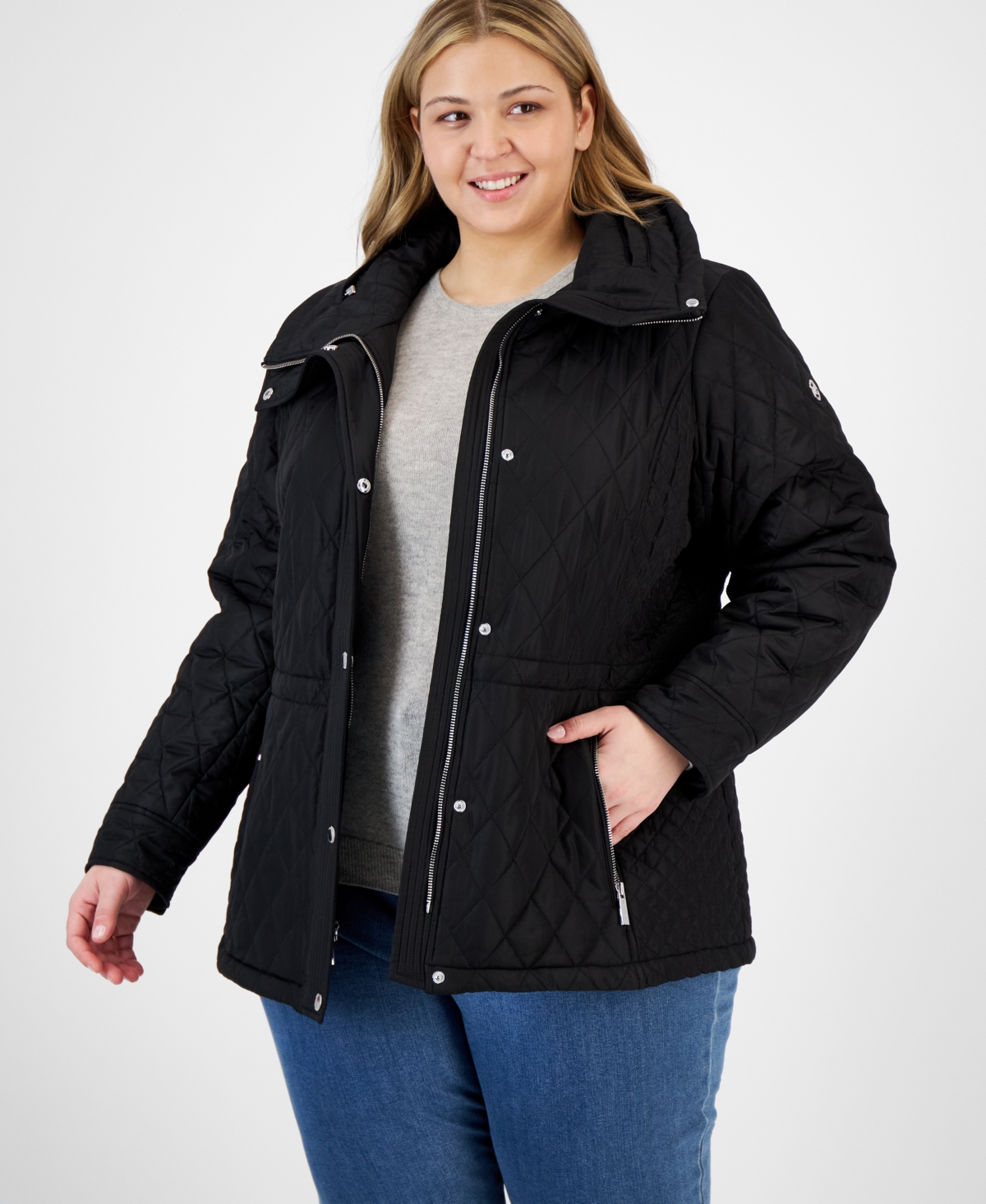 Michael Kors Michael  Plus Size Quilted Hooded Anorak Coat In Black