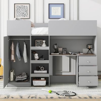 Full-Size Loft Bed with Built-in Essentials in Grey