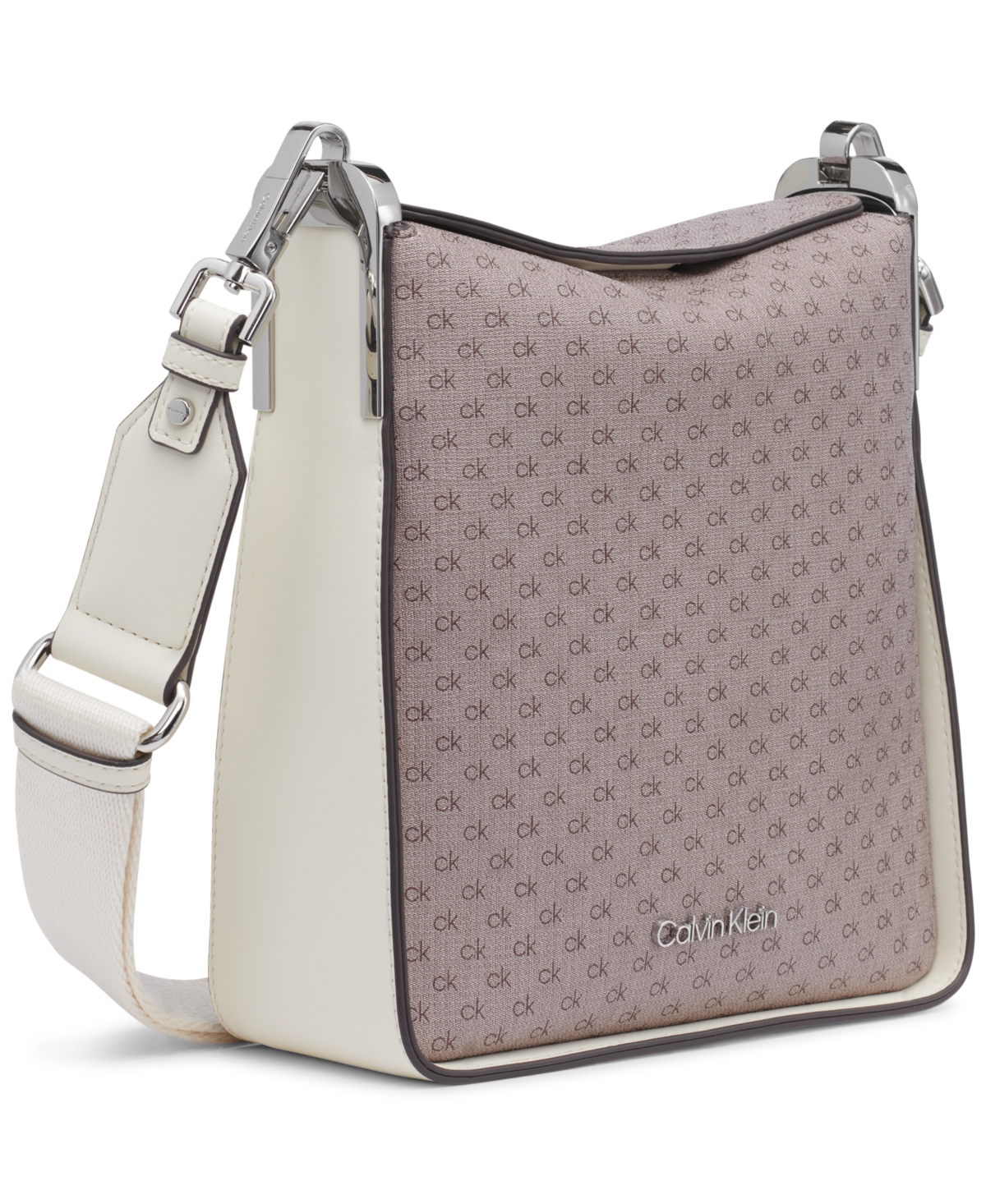 Calvin Klein Fay Mini Signature Adjustable Crossbody With Magnetic Top Closure In Almond Taupe,cherub White