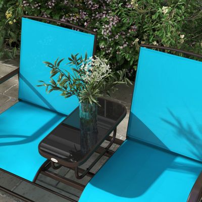 Outdoor Glider Bench with Center Table, Metal Frame Patio Loveseat with Breathable Mesh Fabric and Armrests for Backyard Garden Porch, Blue