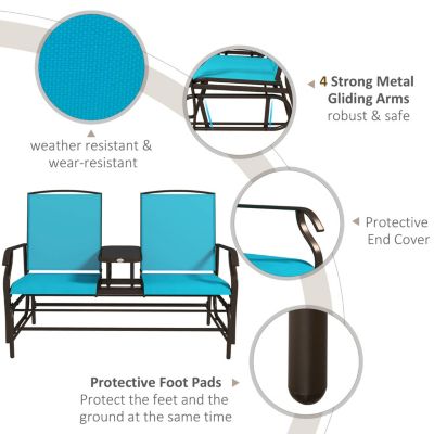 Outdoor Glider Bench with Center Table, Metal Frame Patio Loveseat with Breathable Mesh Fabric and Armrests for Backyard Garden Porch, Blue