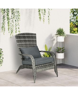 Patio Wicker Adirondack Chair, Outdoor All-Weather Rattan Fire Pit Chair w/ Soft Cushions, Tall Curved Backrest and Comfortable Armrests for Deck or Garden, Gray