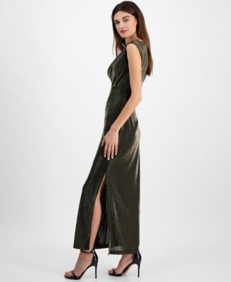 Petite Cowlneck Metallic-Threaded Evening Gown
