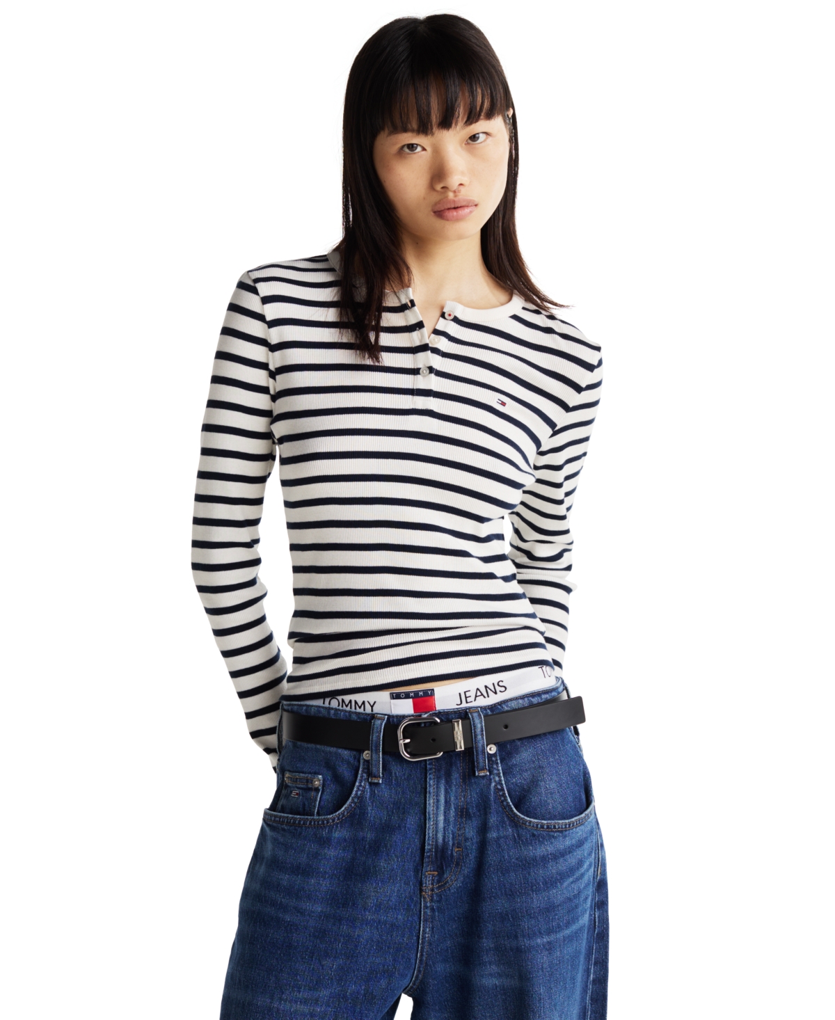 Tommy Jeans Women's Slim Long-Sleeve Henley Top -white Stripe