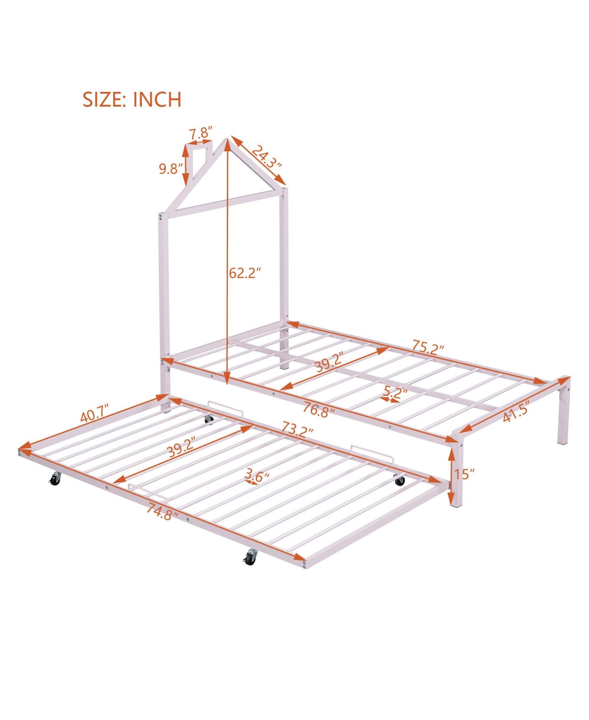 Slickblue Twin Size Metal Platform Bed with Trundle and House-Shaped Headboard for Kids or Guests