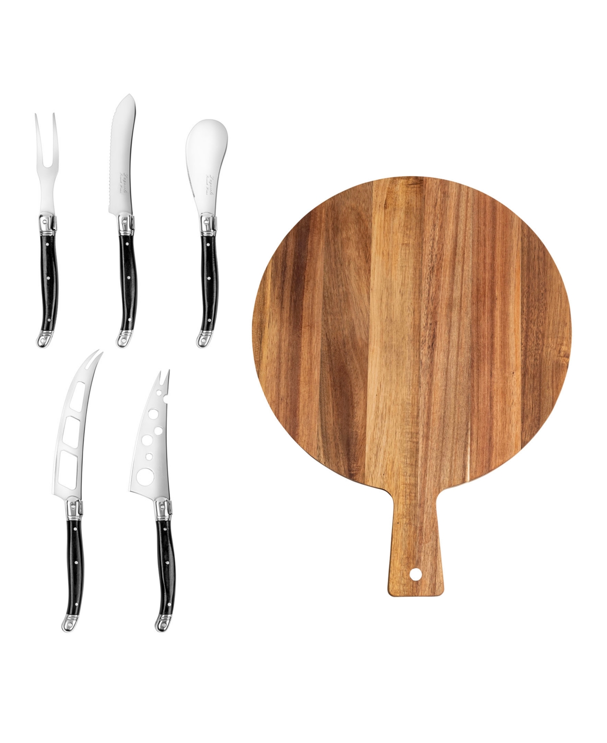 French Home Laguiole 6-piece Artisan Cheese Knife Set And Round Wood Board In Black And Wood