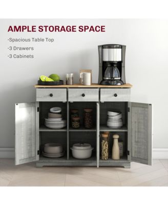 Sideboard with Solid Wood Countertop, Modern Kitchen Storage Cabinet, Coffee Bar Cabinet with 3 Drawers, Doors and Adjustable Shelf, Distressed Light Gray