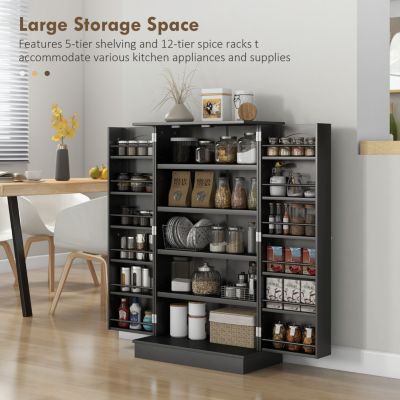 41" Kitchen Pantry Storage Cabinet, Freestanding Kitchen Cabinet with 12 Door Shelves, Double Doors, 5-tier Shelving and Adjustable Shelves, Black
