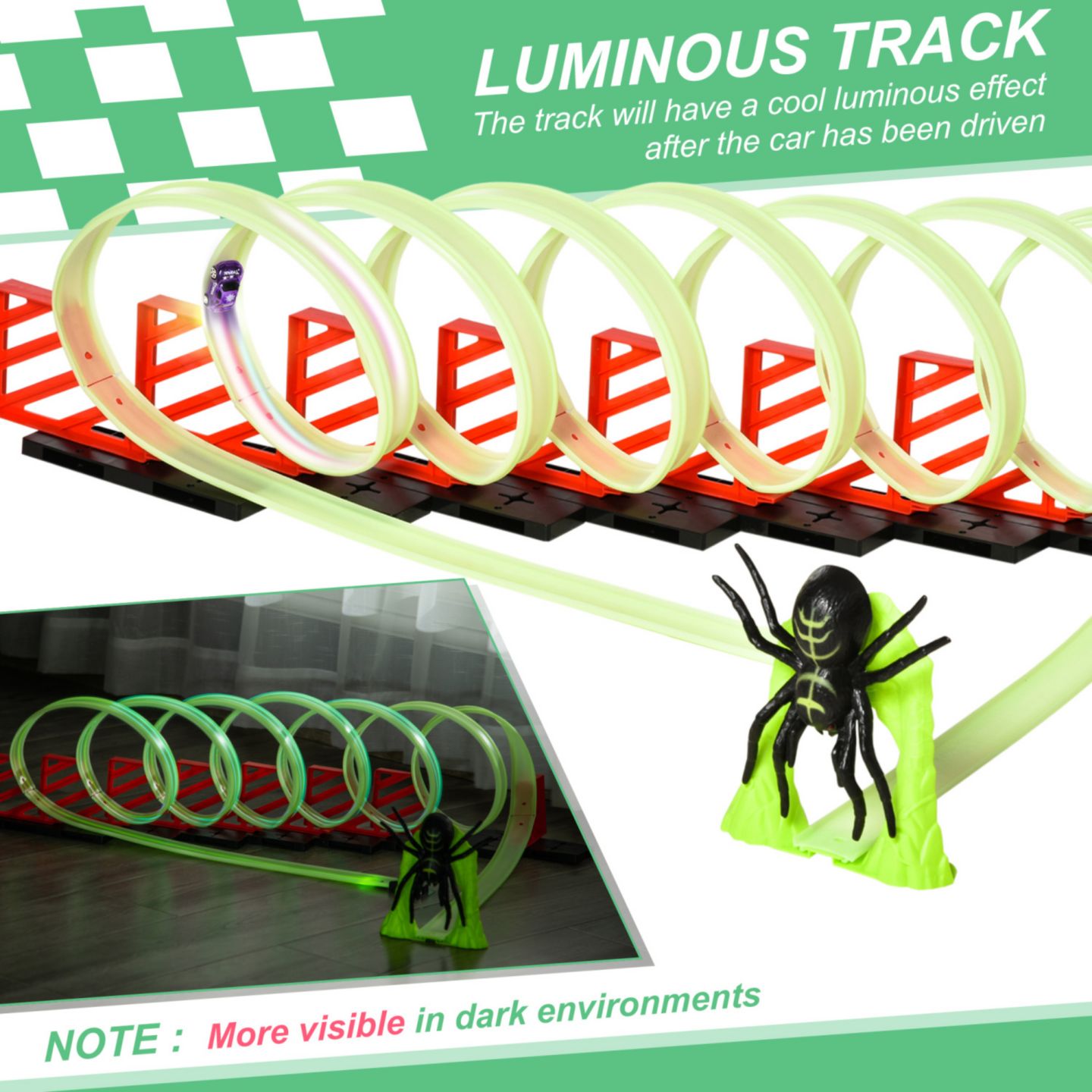 Детские конструкторы Streamdale Furniture Spider Track Builder DIY Loop Kit Glow-in-the-Dark Track with Pull-Back Car, Ages 3-6, цвет: Зелёный — фото 4