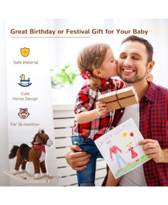 Kids Ride on Rocking Horse Plush Toy with Realistic Sounds and Red Scarf for Over 3 Years Old Birth Gift