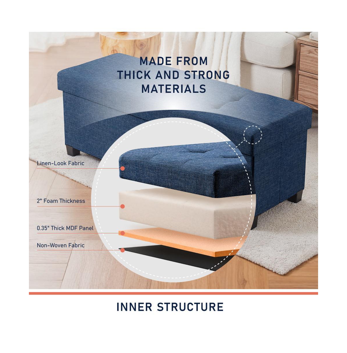 Ornavo Home Foldable Tufted 43 Inch Long Linen Bench Storage Ottoman with Legs