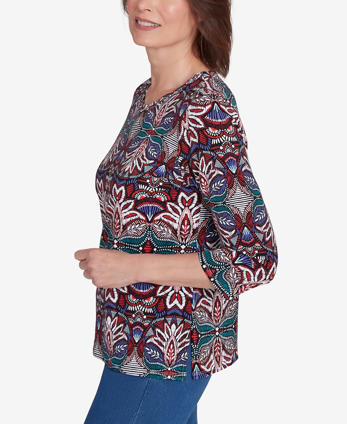 Alfred Dunner Petite Key Items Abstract Leaf Print Three Quarter Sleeve Top In Multi