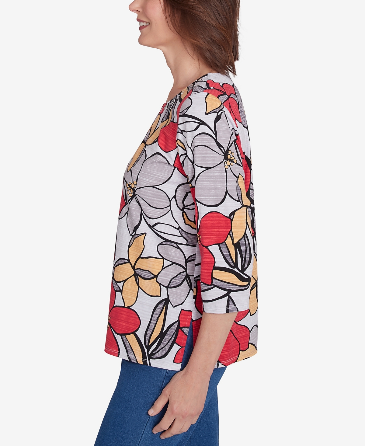 Alfred Dunner Petite Key Items Bold Floral Print Three Quarter Sleeve Tee In Multi