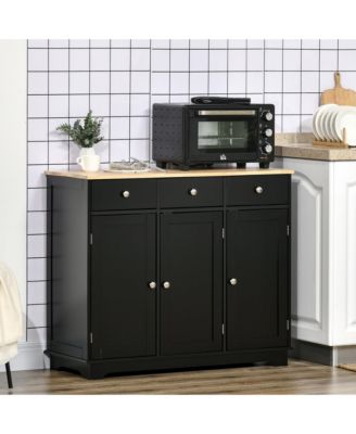 Sideboard with Solid Wood Countertop, Modern Kitchen Storage Cabinet, Coffee Bar Cabinet with 3 Drawers, Doors and Adjustable Shelf, Black