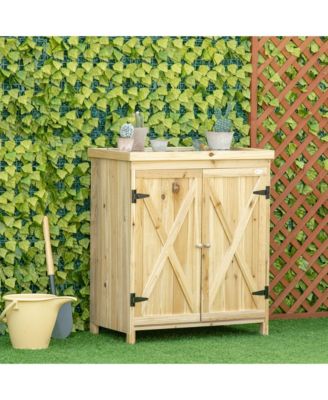 Garden Storage Cabinet, Outdoor Tool Shed with Galvanized Top and Two Shelves for Yard Tools or Pool Accessories, Natural