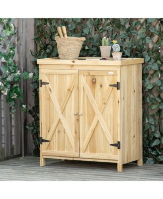 Garden Storage Cabinet, Outdoor Tool Shed with Galvanized Top and Two Shelves for Yard Tools or Pool Accessories, Natural