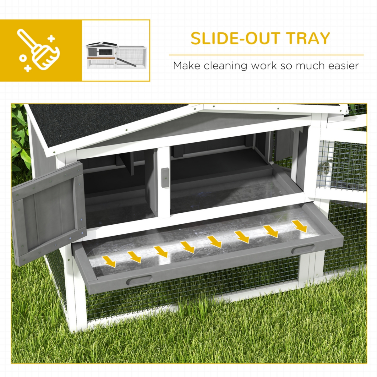 Rabbit Hutch 2-Story Bunny Cage Small Animal House with Slide Out Tray, Detachable Run, for Indoor Outdoor, 61.5" x 23" x 27
