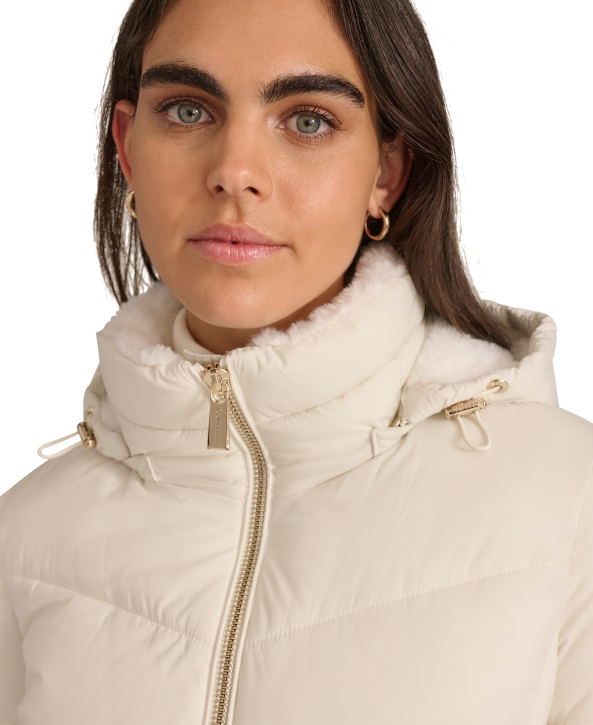 Shop Calvin Klein Petite Faux-fur-lined Hooded Puffer Coat In Eggshell