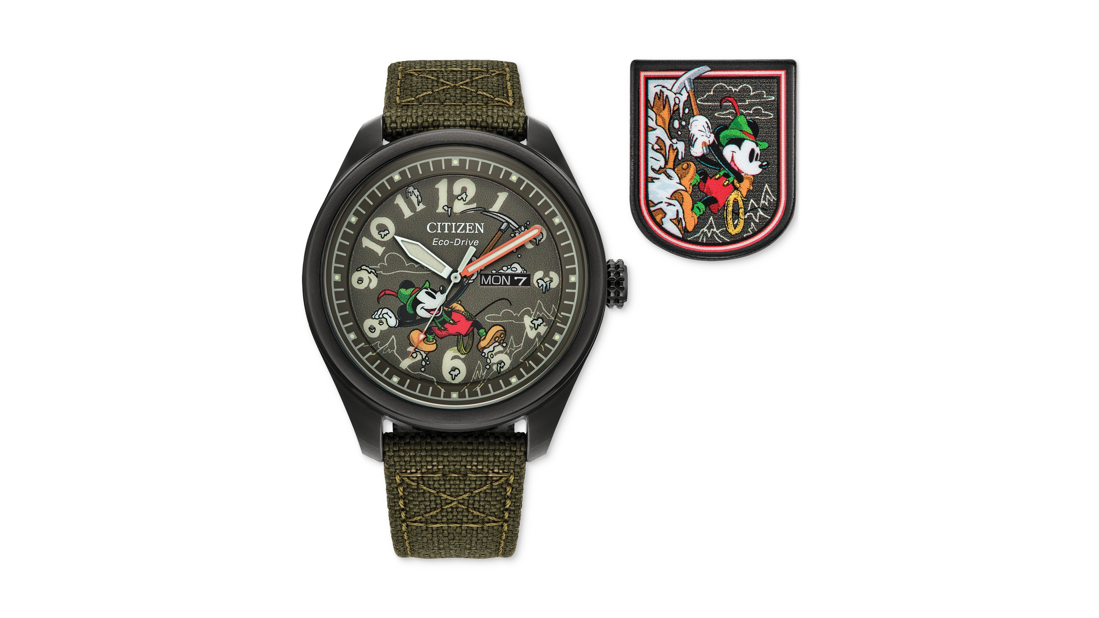 Citizen Eco-Drive Men's Disney Alpine Mickey Mouse Explorer Green Khaki Strap Watch 42mm Boxed Set
