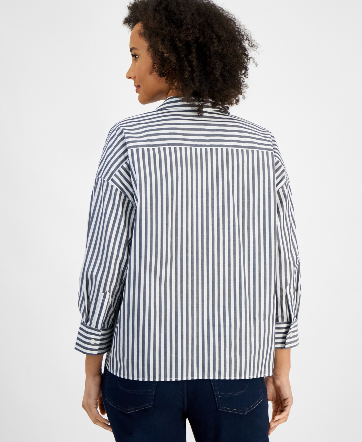 Nautica Jeans Women's Port Stripe Cotton Collared Blouse In Nigh Sky,white