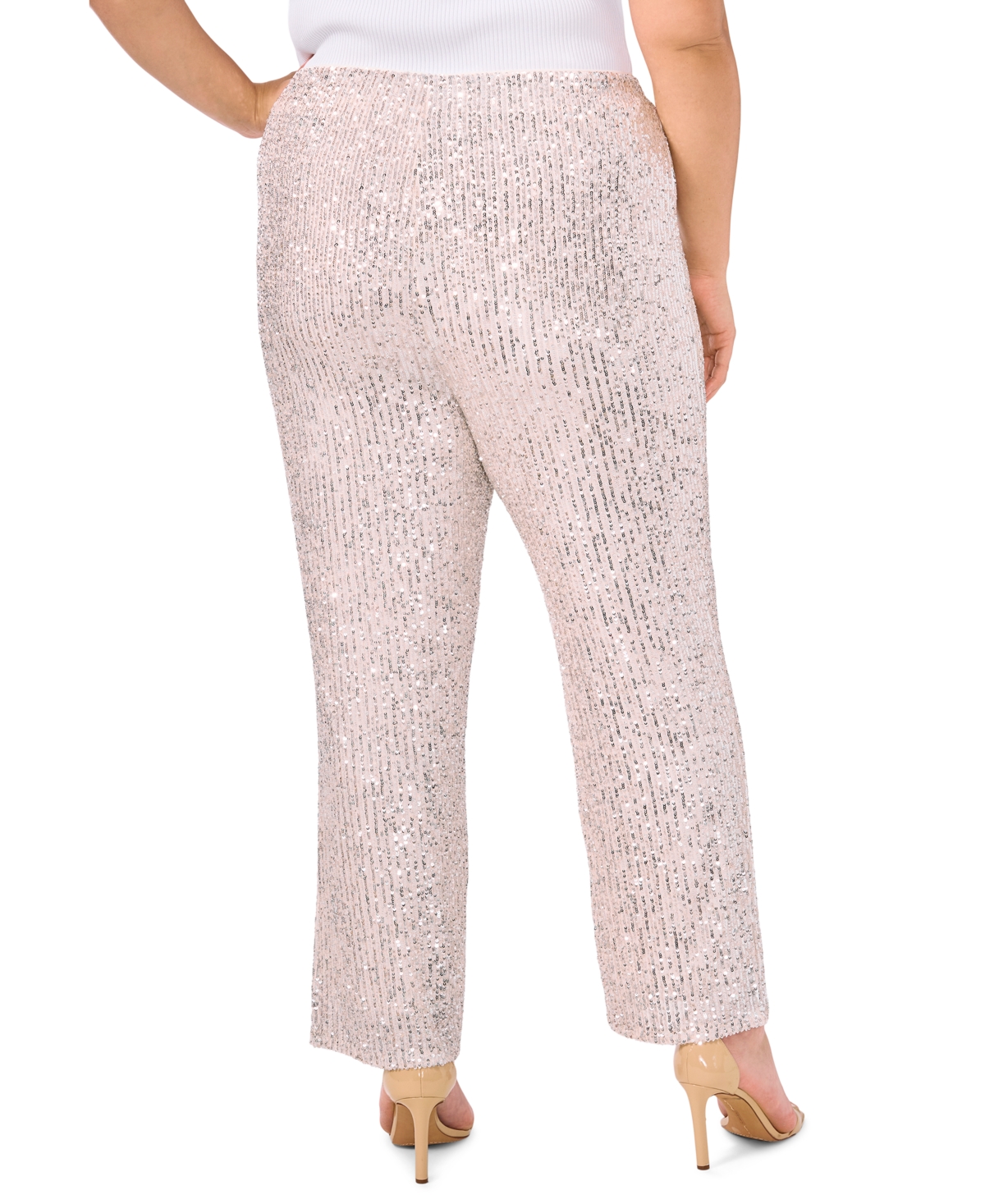 Msk Plus Size Sequined Mesh Pull-on Palazzo Pants In Silver
