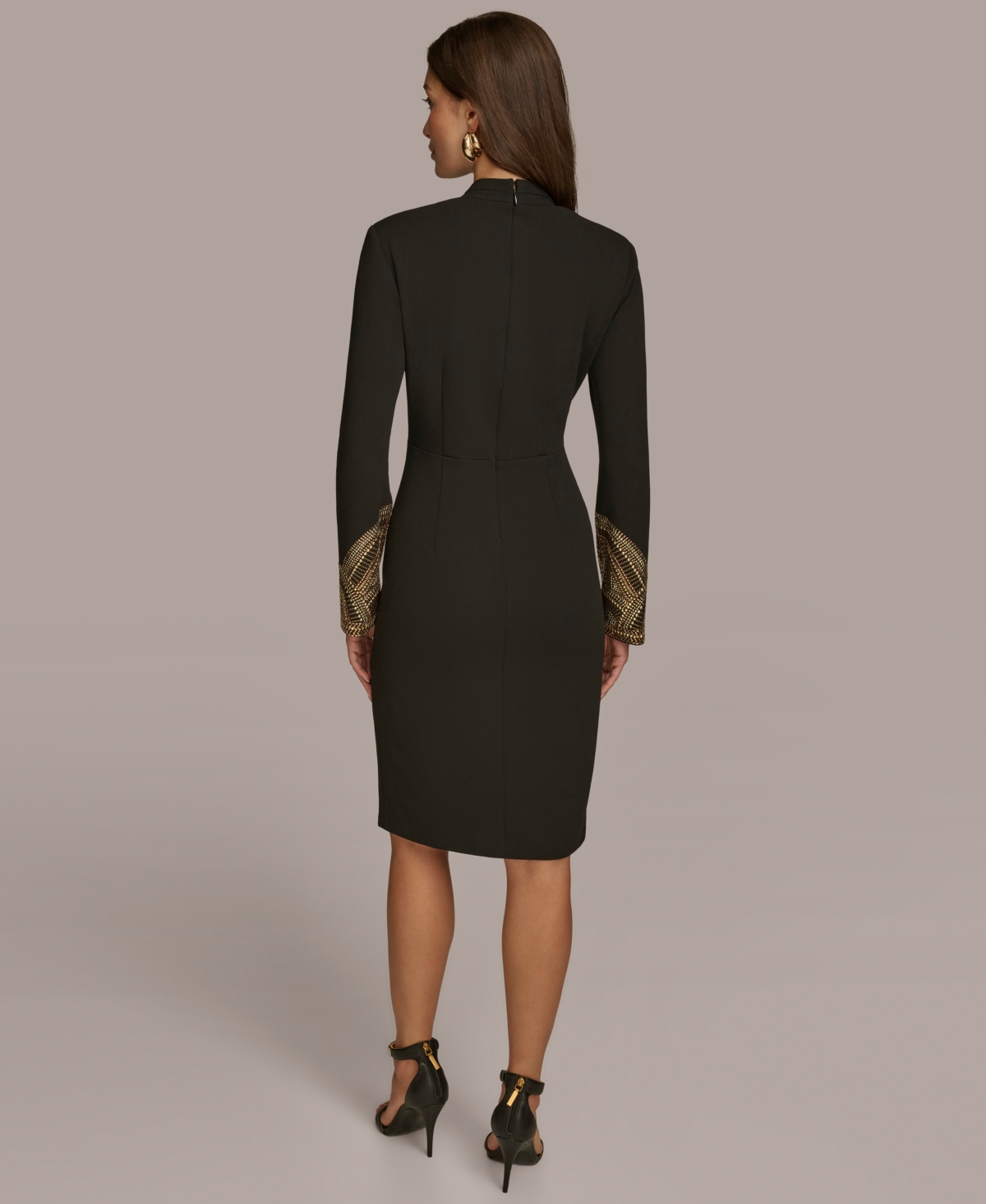 Donna Karan New York Women's V-Neck Embellished-Cuff Dress -Gold